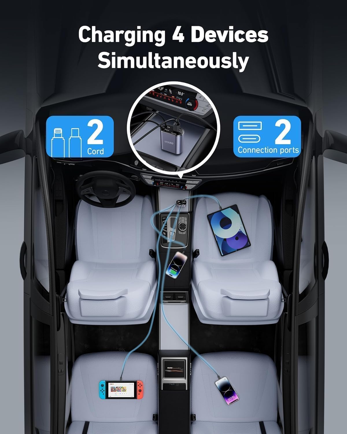 120W Fast Car Charger (2025 New Version) with 80CM Retractable Type-C Charging for 4 Devices – Universal Car Mobile Charger for All Smartphones & Tablets (Car Charger)